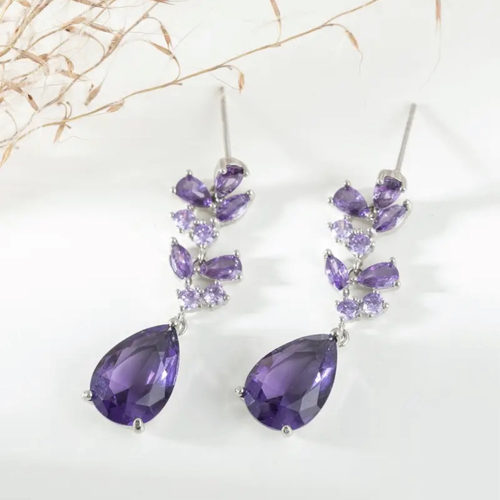 Amethyst and Zircon Silver Plated Pear Shape Dangling Earrings - Picture 7 of 12